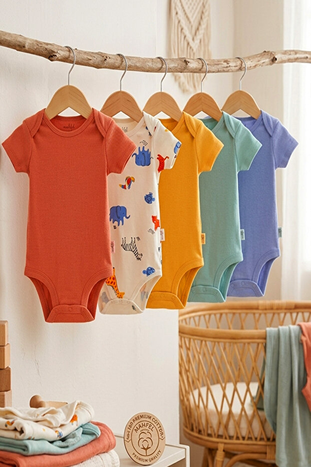 100% Organic Cotton Snap Fastener Short-Sleeved Baby Bodysuit 5-Pack
