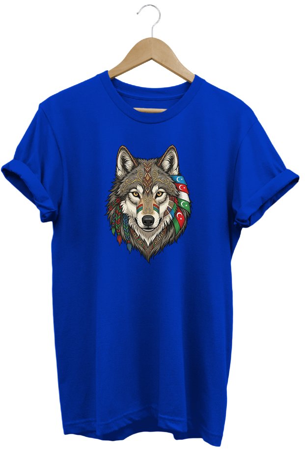 Unisex Wolf and Azerbaijan Flag Detailed T-Shirt Cotton White Wolf Graphic Printed T-Shirt