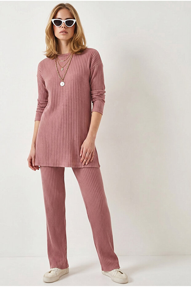 Women's Dusty Rose Knitted Top and Bottom Set Tkm-19000497