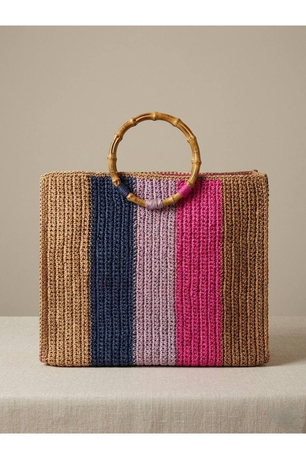 Color Blocked Bamboo Handle Lined Straw Handbag