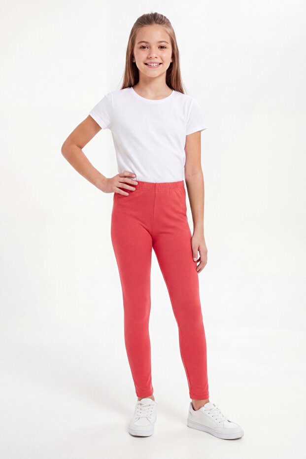 Girl's Pink Cotton Lycra Plain Long Tights