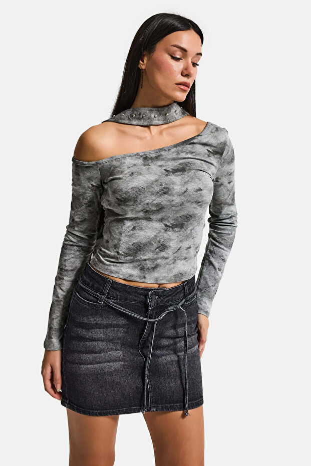 İts Basic Women's Dark Smoked Straight Fit Belt Detailed Elastane Mini Denim Skirt