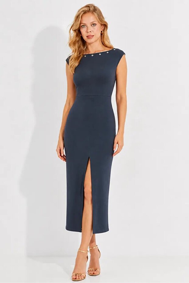 Smoked Front Slit Midi Length Pencil Dress