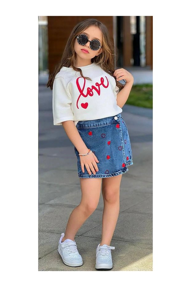 Love Tshirt - Denim Shorts Skirt Kids Set