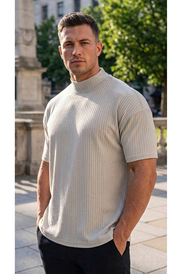 Men's Half Turtleneck Fit Sleeve Cut Oversize Short Sleeve T-Shirt