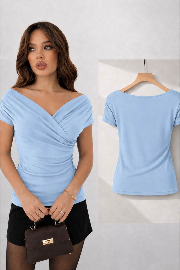 Baby Blue Off-The-Shoulder Double-Breasted Collar Lycra Stylish Model 128