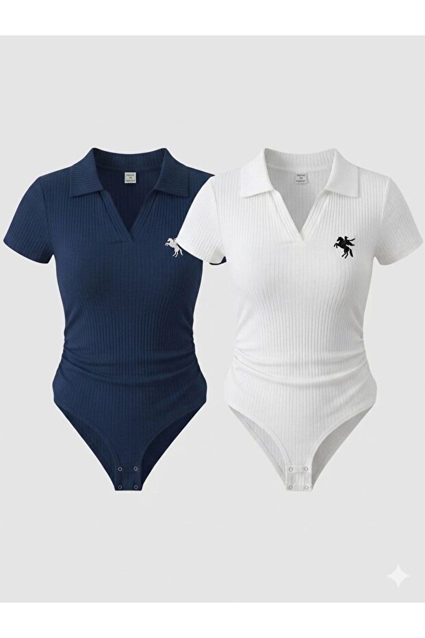 Navy Blue and White Polo Collar Ribbed Lycra Premium Set 2-Piece Bodysuit the Solo