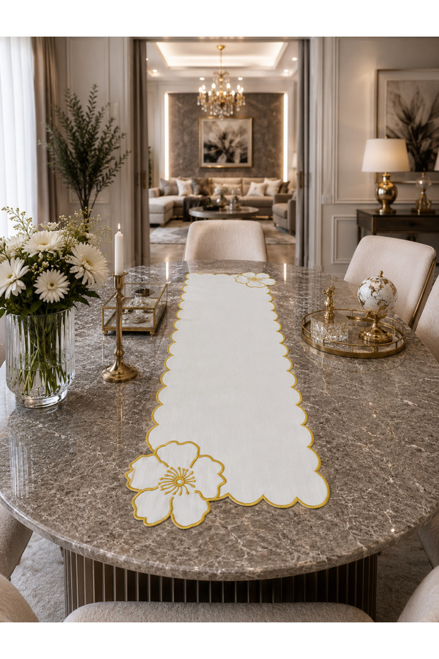 Gold Sim Detailed Floral Embroidered Runner – White 34X114 cm Premium Tableware and Table Console Decoration