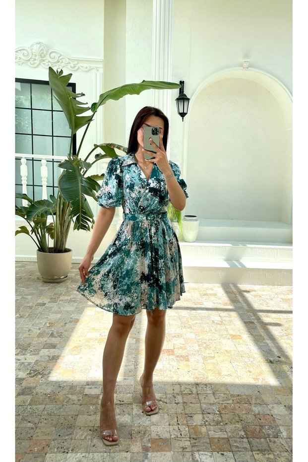 Double-Breasted Collar Short Sleeve Belted Patterned Short Viscose Dress