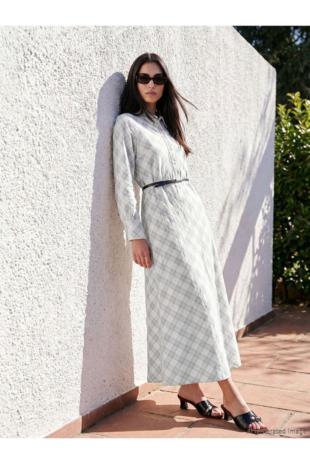 Lcwaikiki Classic White Shirt Collar Plaid Waist Belted Dress