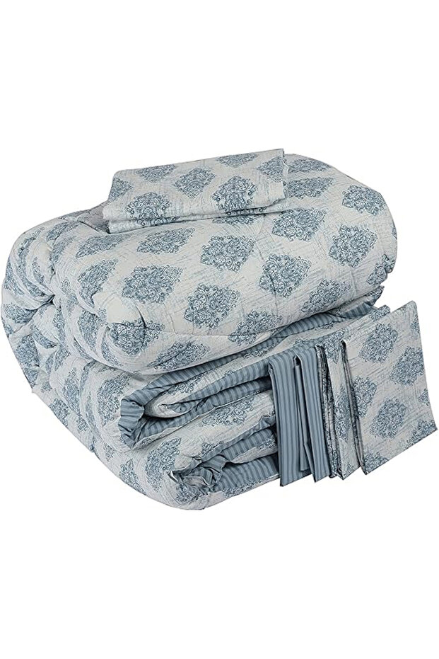 3-Piece Printed Striped Comforter Twin Set 100% Cotton - Light Blue