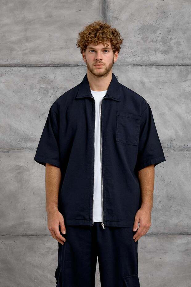 Men's Shirt Woven Fabric with Zipper Navy Blue Oversize Zippered Tencel Fabric