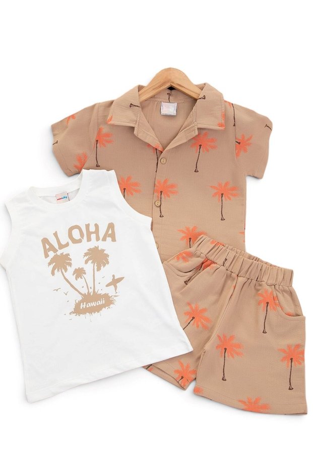 Boys' Summer Palm Tree Printed 3-Piece Shirt Muslin Set, Stylish 3-Piece Set with Shorts for Ages 3-10