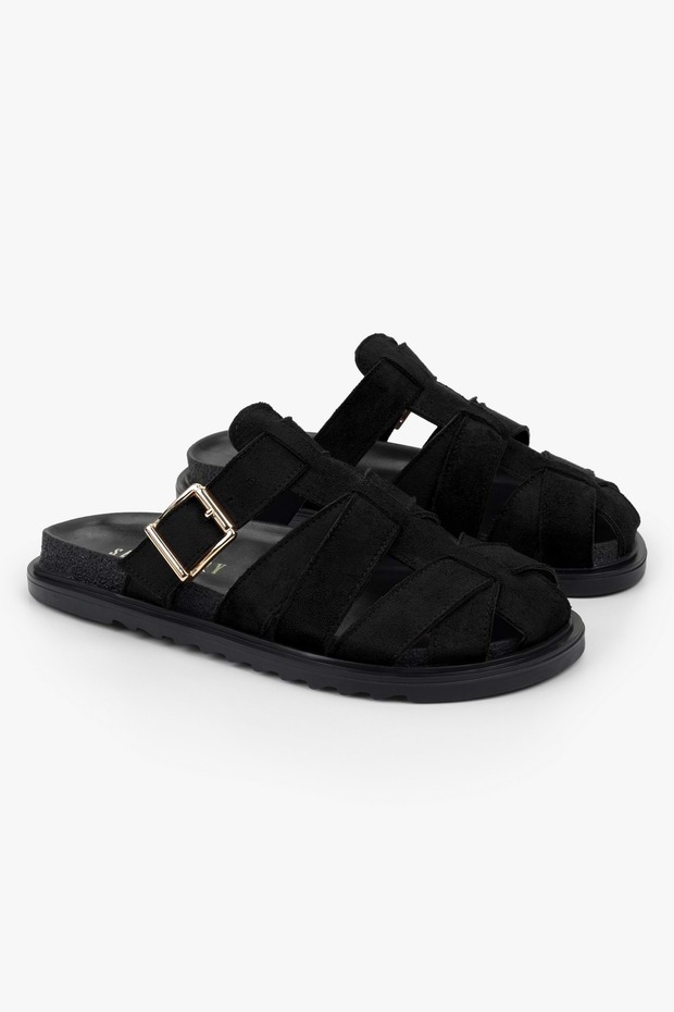 Women's Vion Black Suede Buckle Detailed Slippers
