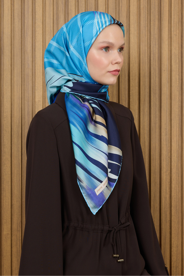 Blue 90X90 Silk Crepe Satin Scarf