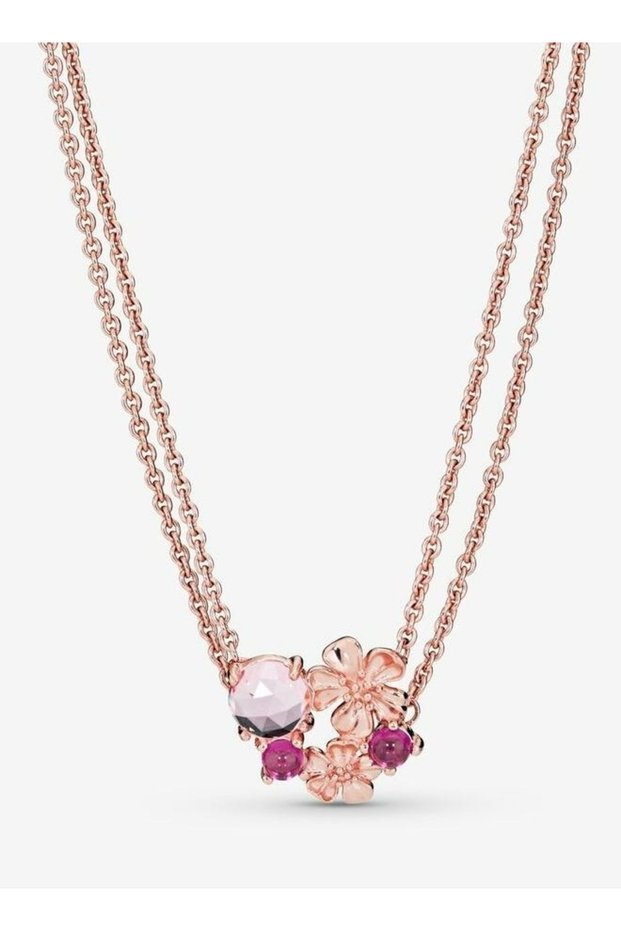 Layered Flower Necklace for Women, Rose Gold Tone Pendant Jewelry with Pink Crystal