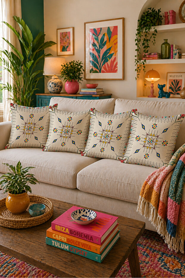 Cream Color Ethnic Star Patterned 4-Piece Throw Pillow Cover 43X43 Double-Sided Printed