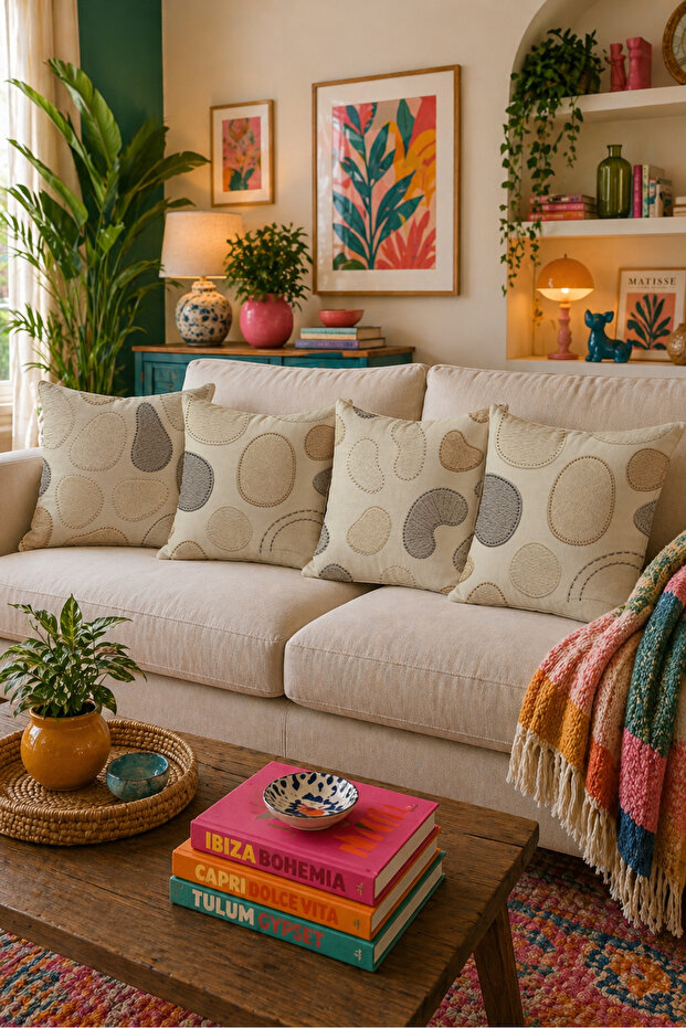 Minimal Embroidery Textured 4-Piece Throw Pillow Cover Set Beige Modern Abstract Patterned Decorative Set 43X43 cm