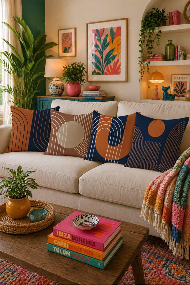 Modern Abstract Geometric 4-Piece Throw Pillow Cover Set 43X43 Navy Blue Tile Scandinavian