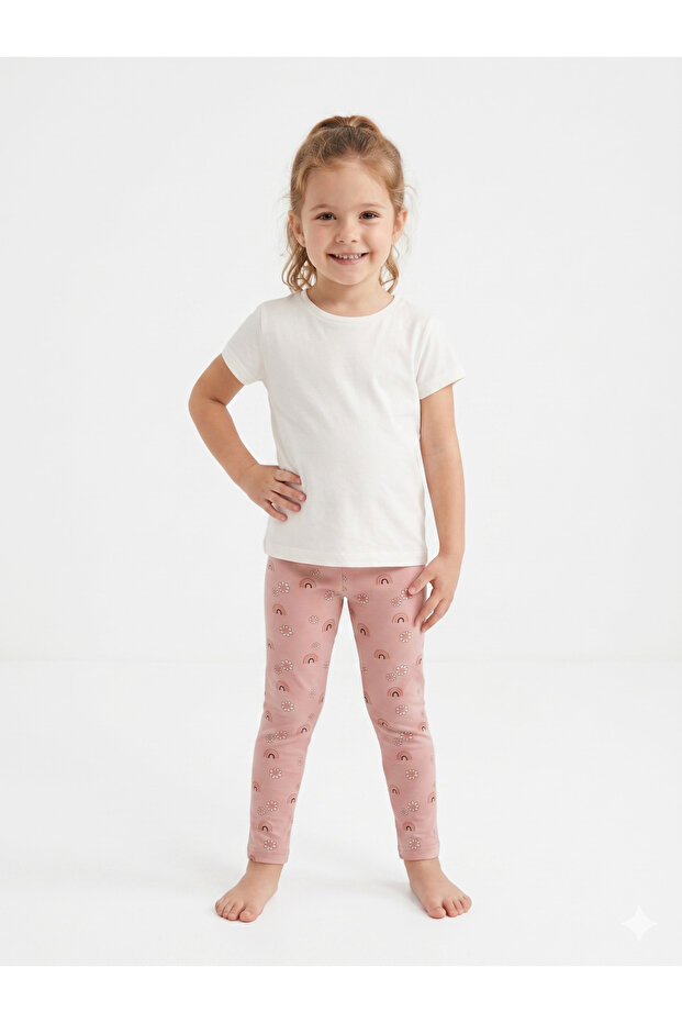 Girls' Cotton Tights Kids' Dusty Rose Rainbow and Daisy Patterned Tights