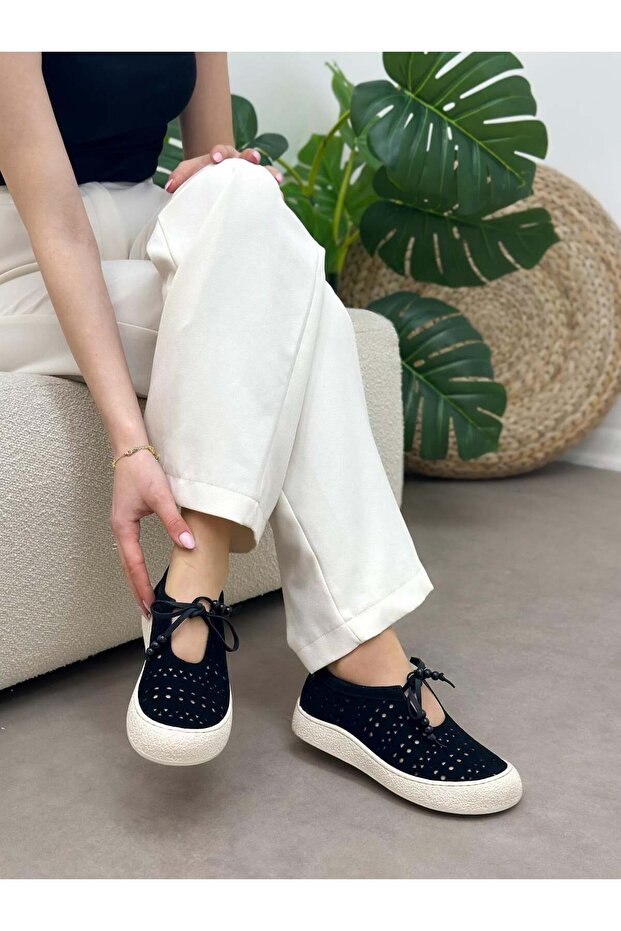 Black Suede (Morly) Laser Cut Women's Sneakers