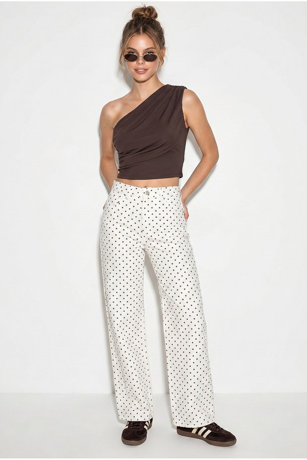 Women's Ecru Beige Polka Dot High Waist Wide Leg Denim Trousers 1071 60286260