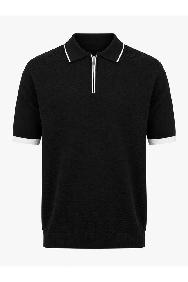 Half Zipper Black - White Men's Polo Collar T-Shirt 17354