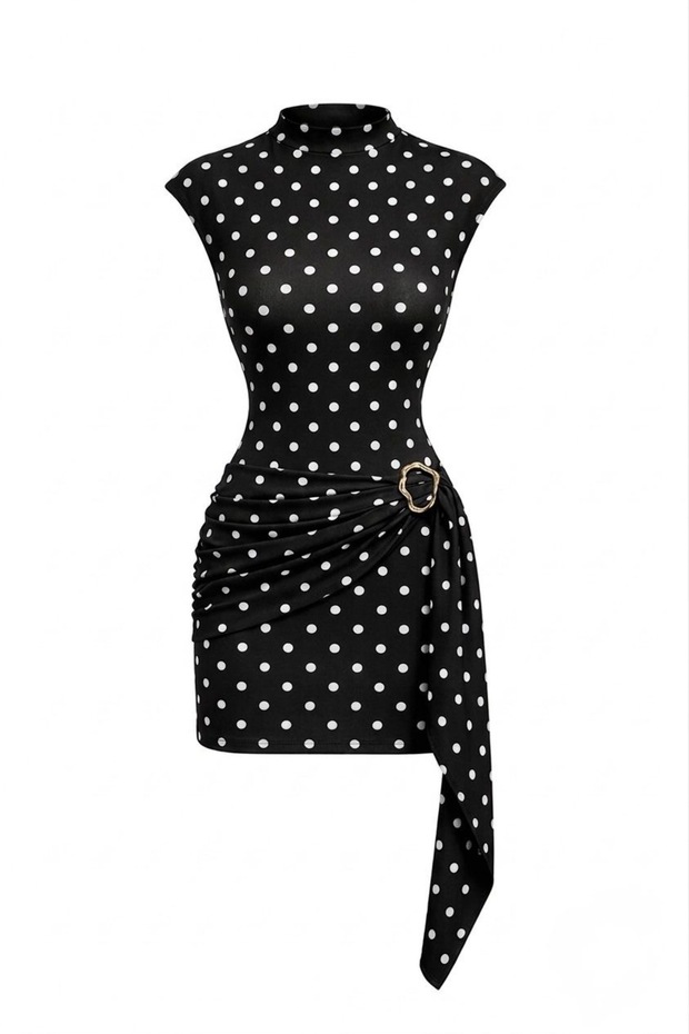 Polka Dot High Collar Dress with Buckle Detail and Belted Gathering - Black - Sevde Ugur