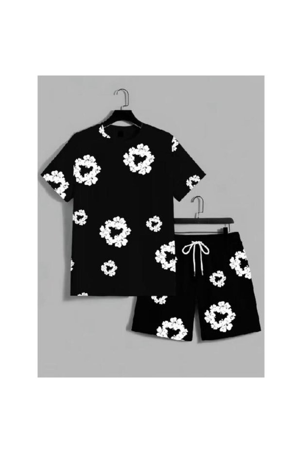 Premium Embossed Print Detailed Oversize T-Shirt Shorts Set Modern Street Style