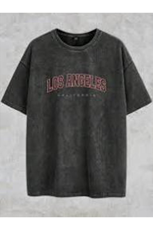 Los Angeles Letter Logo Print Pure Men's Trendy Short Sleeve T-Shirt Acid Wash