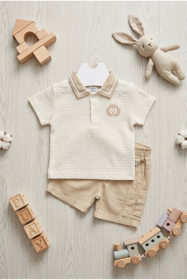 Baby Boy 100% Cotton Polo Collar Knitted Sweatshirt and Jean Shorts 2-Piece Set - Cream Ecru 6-24 Months