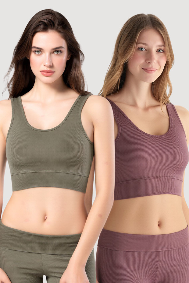 Women's 2-Piece Ribbed Sports Bustier & Crop Tank Top - Flexible for Daily & Sports Use