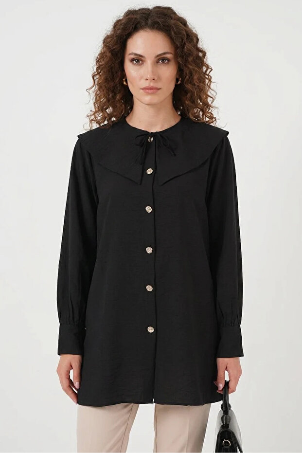 Women's Baby Collar Buttoned Viscose Black Tunic