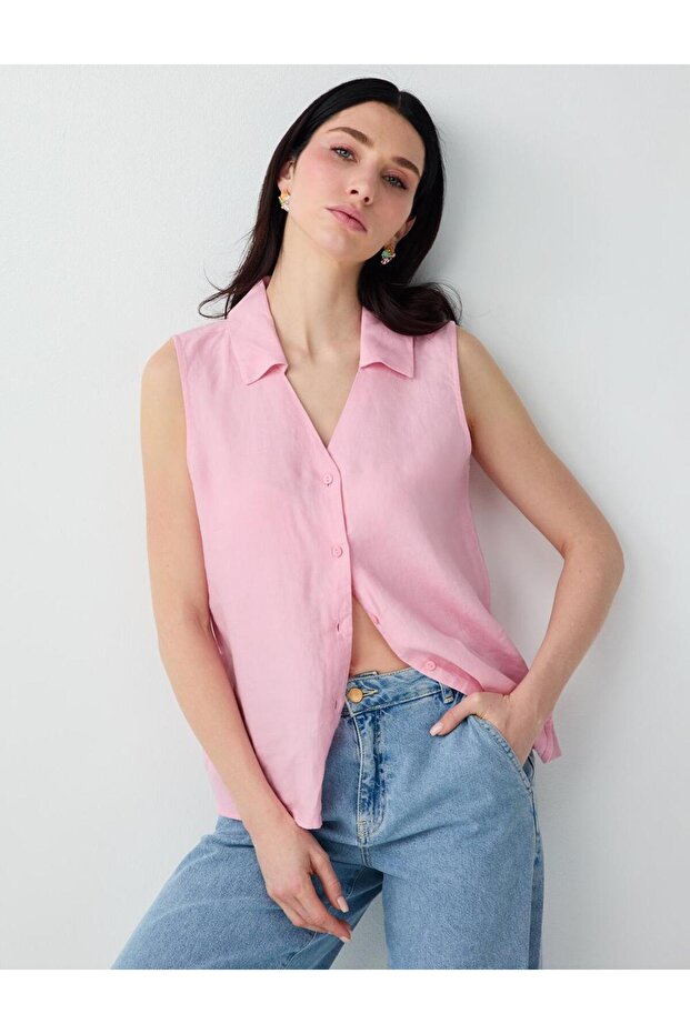 Pink 100% Linen Sleeveless Slim Fit Shirt