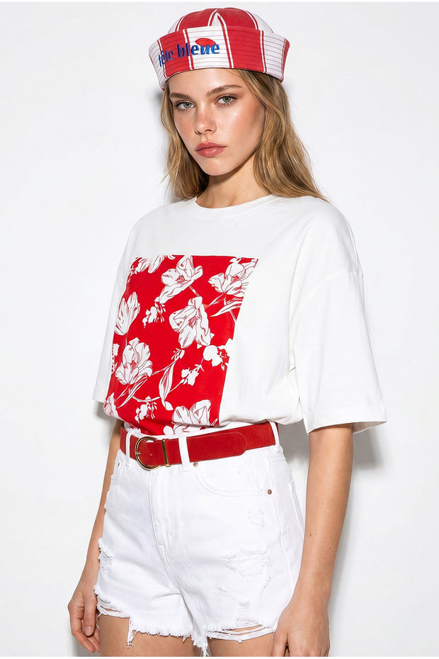 Women's White Red Crew Neck Floral Printed Oversize 100% Cotton T-Shirt Öt100001 60286273