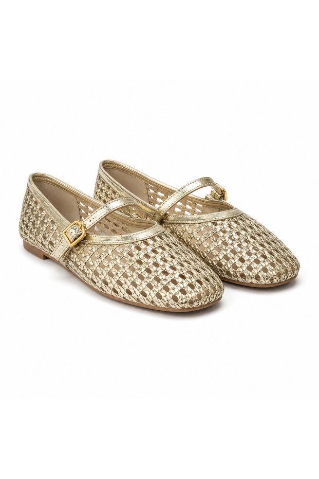Women's Gold Hand Knitted Buckle Strap Straw Look Mesh Detailed Summer Casual Flat Sole Ballerinas