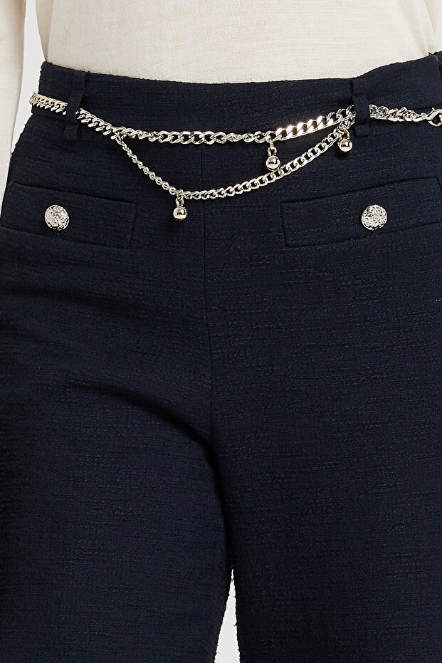 Navy Blue Chain Belted Tweed Women's Trousers
