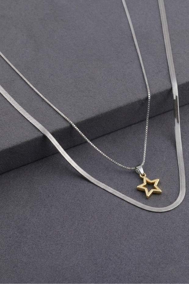 316 L Stainless Steel - Anti-Allergic - Tarnish-Resistant - Steel Double (Italian, Flat) Chain - Steel Gold End - Design Necklace