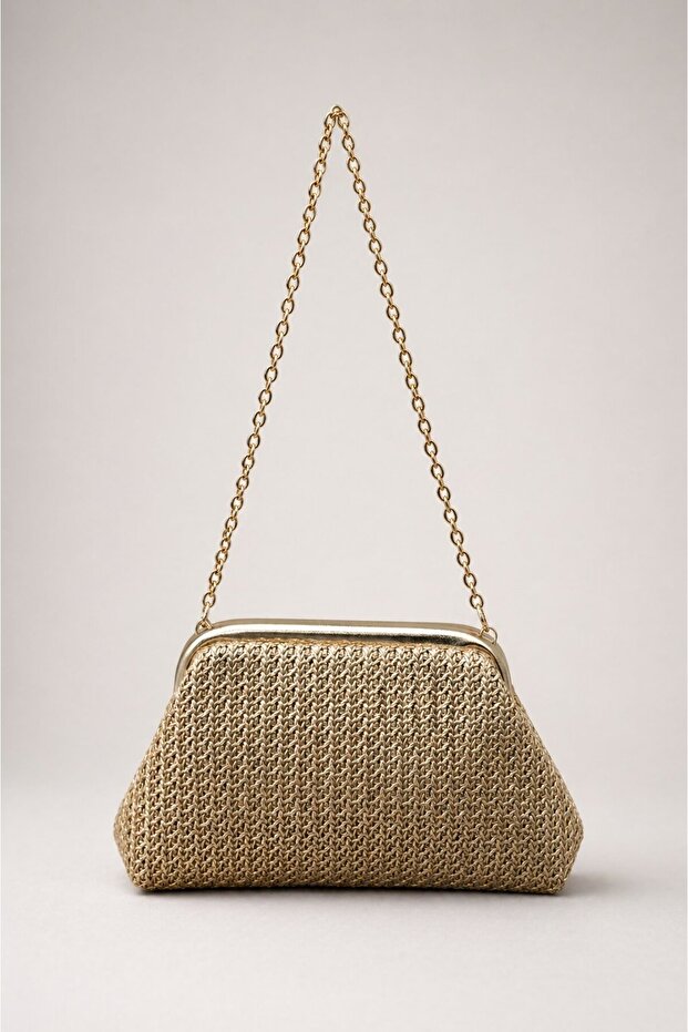 Textured Hand and Shoulder Bag with Chain Strap Hasir Gold Silvery