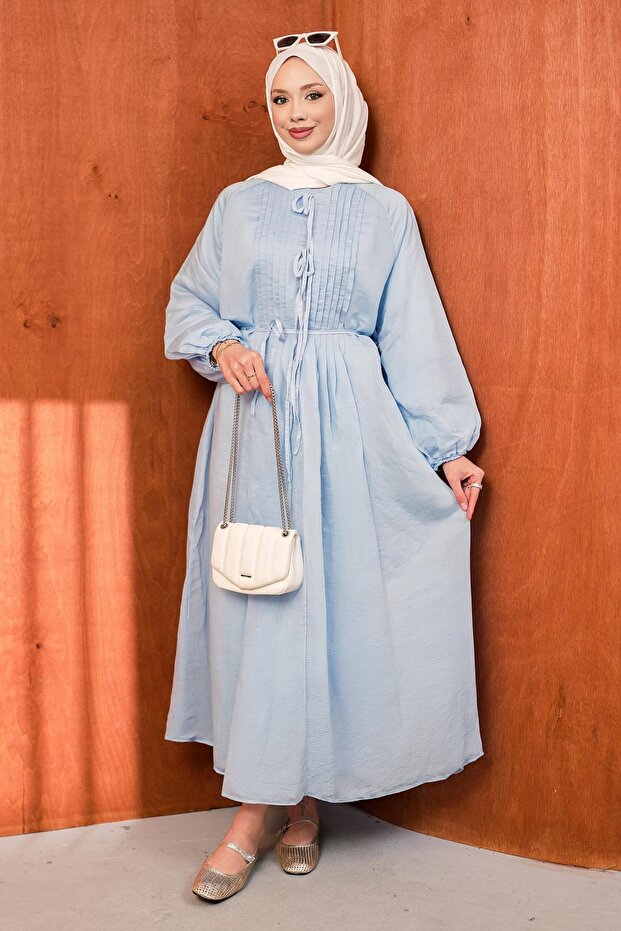Baby Blue Bow Tie Dress with Ribbed Detail