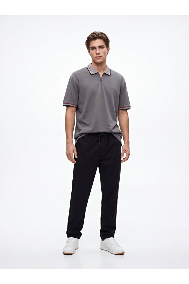 Contrast Detailed Zippered Anthracite T-Shirt