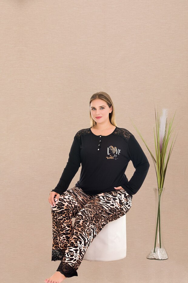 Patterned Plus Size Long Sleeve Pajama Set - 2