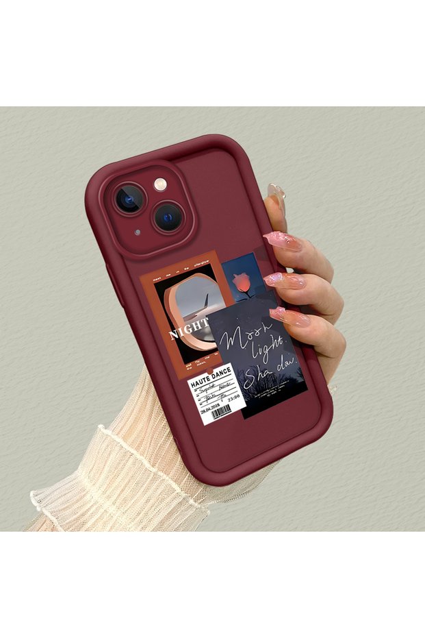 iPhone 14 Compatible Burgundy Frame Vintage Photo Collage Motif Flexible Silicone Case