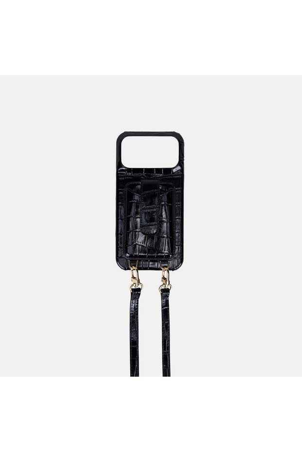 iPhone 17 Pro Max Black Leather Phone Case with Removable Strap