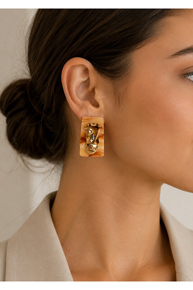 Abstract Face Patterned Brown Marble Textured Summer Women's Design Earrings