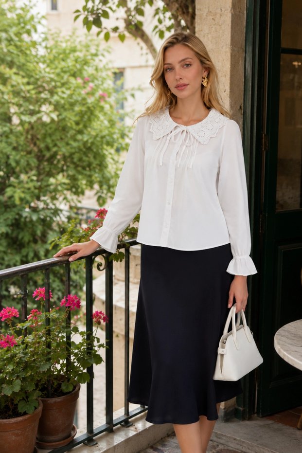 Women's White Yellow Stylish Brode Collar Tie-Up Long Sleeve Vintage Shirt Blouse