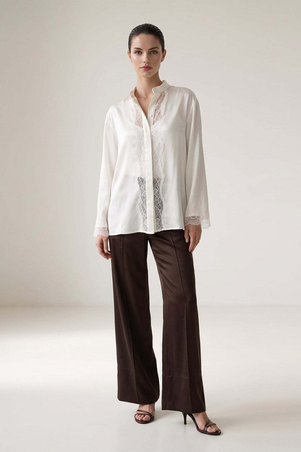Cream Satin Lace Detailed Long Sleeve Relaxed Fit Blouse