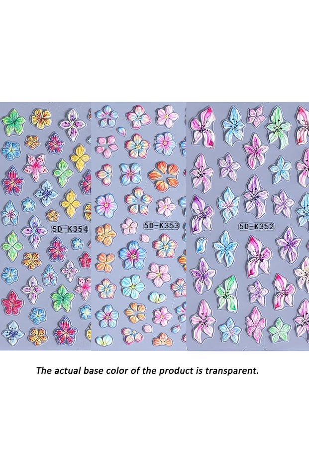 5D-K352353354 Embossed Floral Nail Art Stickers - Self-Adhesive Colorful Lily Flower Decals, Spring