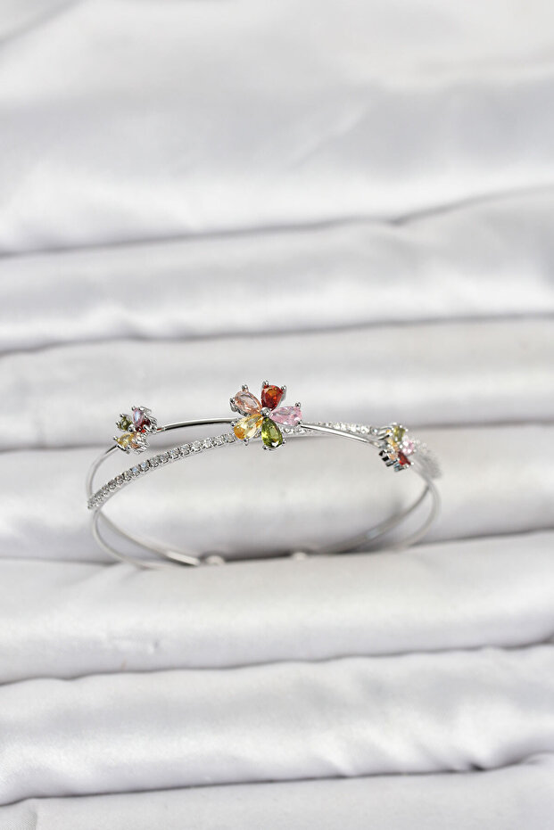 Brass Silver Color Colorful Flower Model Women's Bracelet Tj-Bb8516