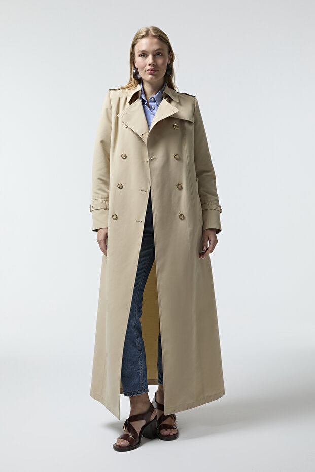 Double Breasted Collar Belted Waist Long Beige Trench Coat 12528